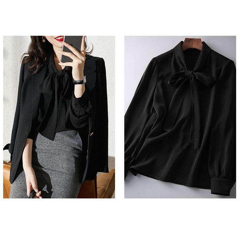 ブラウス レディース 白 黒 ボウタイシャツ シャツ トップス 無地 長袖 リボン シフォン ホワイト ブラック オフィス カジュアル 送料無料 |  | 11