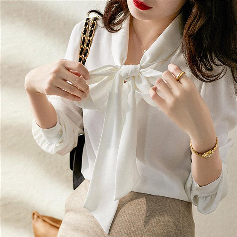 ブラウス レディース 白 黒 ボウタイシャツ シャツ トップス 無地 長袖 リボン シフォン ホワイト ブラック オフィス カジュアル 送料無料 |  | 15