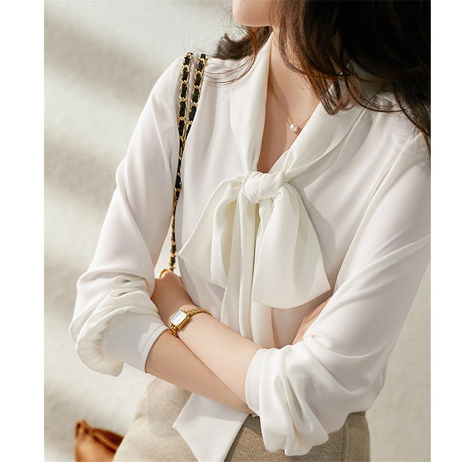 ブラウス レディース 白 黒 ボウタイシャツ シャツ トップス 無地 長袖 リボン シフォン ホワイト ブラック オフィス カジュアル 送料無料 |  | 07