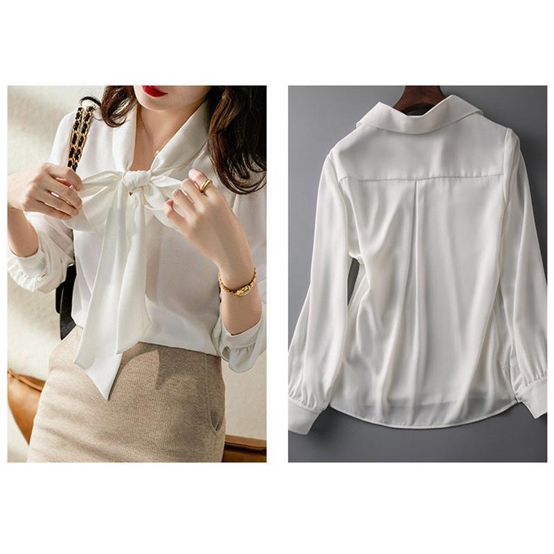 ブラウス レディース 白 黒 ボウタイシャツ シャツ トップス 無地 長袖 リボン シフォン ホワイト ブラック オフィス カジュアル 送料無料 |  | 09