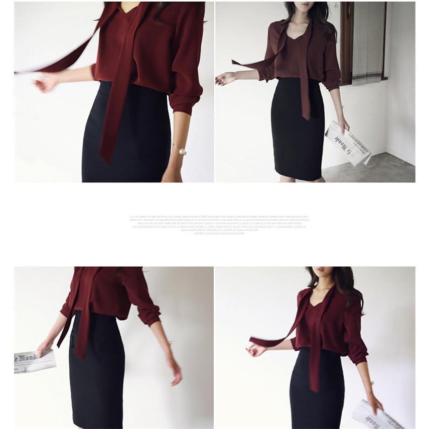 ブラウス レディース ボウタイシャツ シャツ トップス 春 長袖 Vネック シフォン ビジネス オフィス セレモニー カジュアル 送料無料 通勤 |  | 05