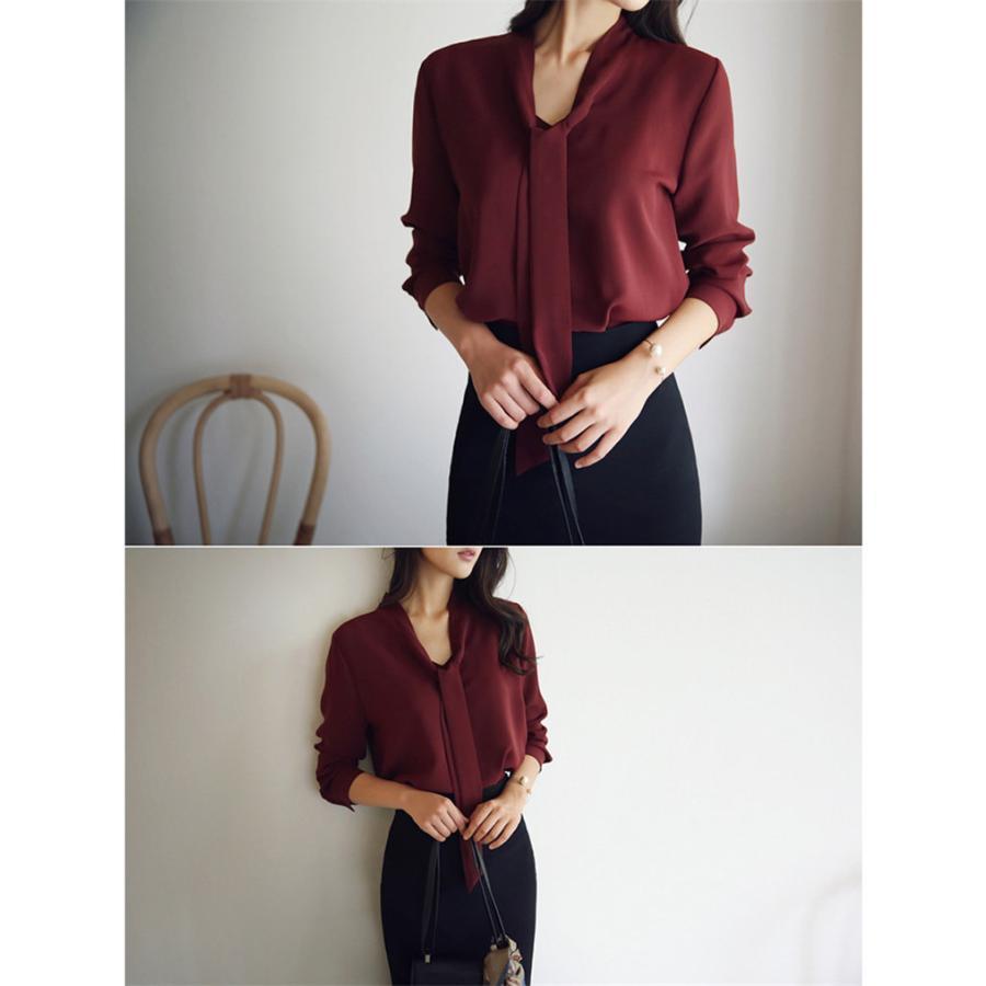 ブラウス レディース ボウタイシャツ シャツ トップス 春 長袖 Vネック シフォン ビジネス オフィス セレモニー カジュアル 送料無料 通勤 |  | 07