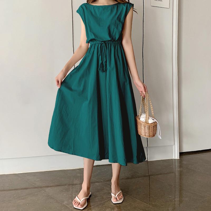 夏ワンピース 半袖 涼感 フレアワンピース 可愛い ロングワンピース ミモレ丈 大人 30代40代 オフィス お出かけ 無地 フェミニン スリム リネン 裏地付き |  | 04