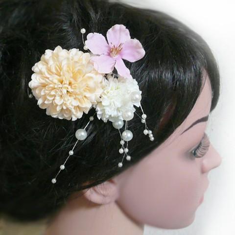 花 髪飾り マム大小桜パール付  かんざし  結婚式 成人式 卒業式  浴衣　和装 |  | 02