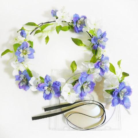 307 花冠 デルフィニウムと紫陽花 ブートニア付き　水色 ウェディング 髪飾り ヘッドドレス |  | 01