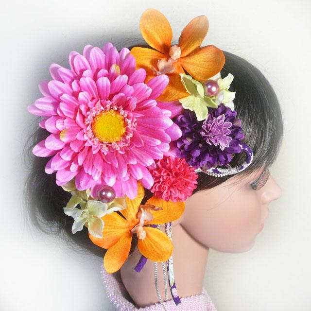 髪飾り 花 成人式 ガーベラとラン菊 ピンク 結婚式 振袖 卒業式 袴 着物 |  | 01