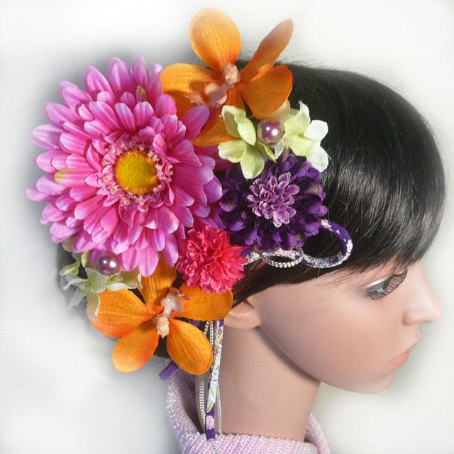髪飾り 花 成人式 ガーベラとラン菊 ピンク 結婚式 振袖 卒業式 袴 着物 |  | 02
