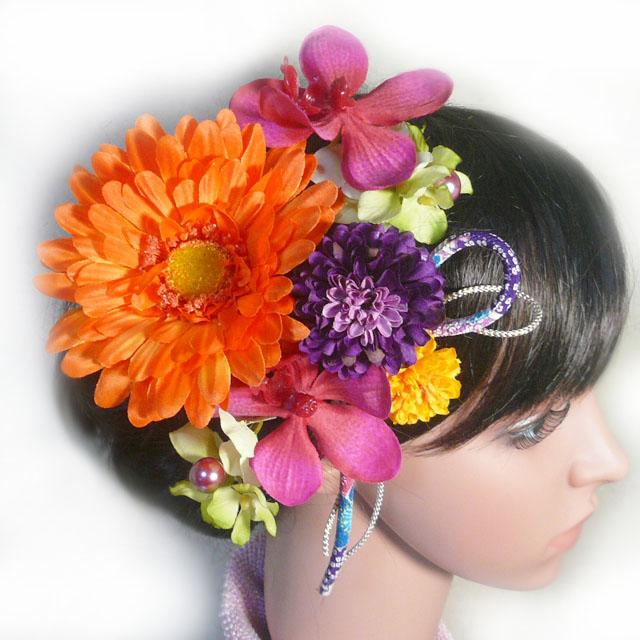 髪飾り 花 成人式 ガーベラとラン菊オレンジ　結婚式 振袖 卒業式 袴 着物　アートフラワー |  | 01