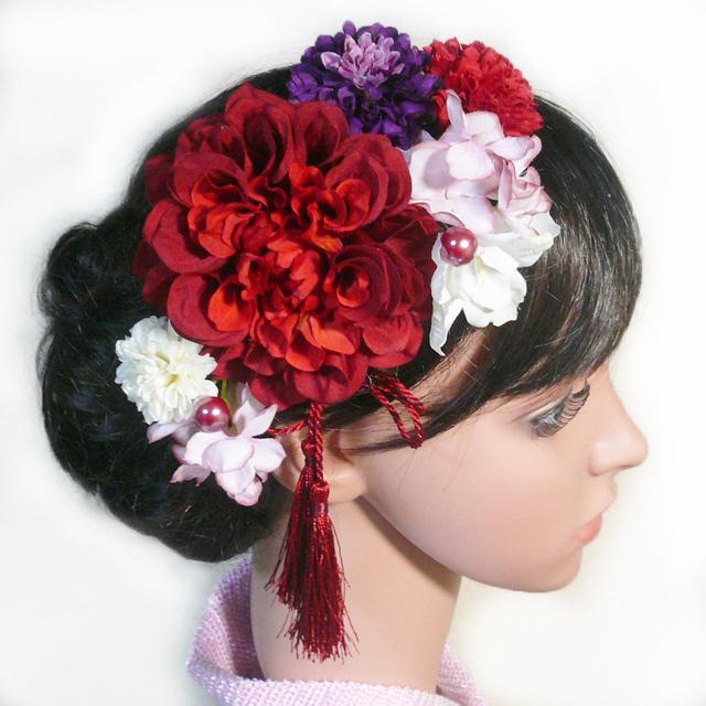 髪飾り 成人式 卒業式 結婚式 花 ダリアreとデルフィ菊房付 赤白紫ピンク 振袖 袴 浴衣 和装 着物 アートフラワー |  | 03