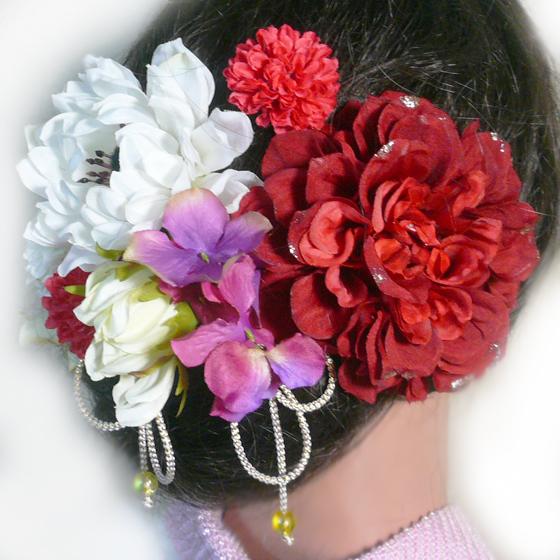 髪飾り 成人式 卒業式 結婚式 花 ラメダリアrとアネモネ他 赤白金 振袖 袴 浴衣 和装 着物 マム | 