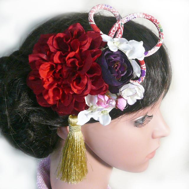 髪飾り 成人式 卒業式 結婚式 花 ダリアrミニ金鳳花他 赤 振袖 着物 和装 |  | 03