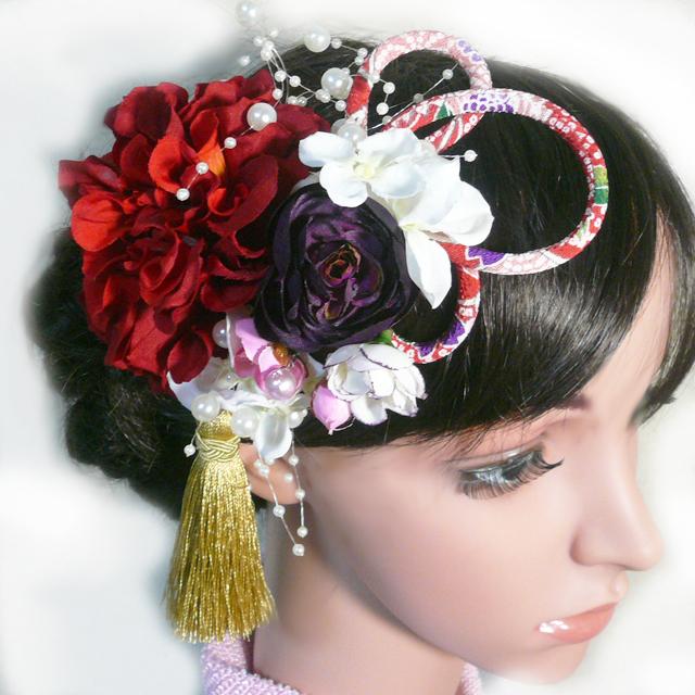 髪飾り 成人式 卒業式 結婚式 花 ダリアrミニ金鳳花他 赤 振袖 着物 和装 |  | 04