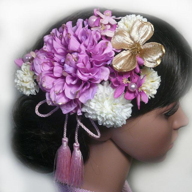 髪飾り 成人式 卒業式 結婚式 花 ラメダリアroと紫陽花房付 振袖 袴 浴衣 和装 着物 かんざし |  | 02