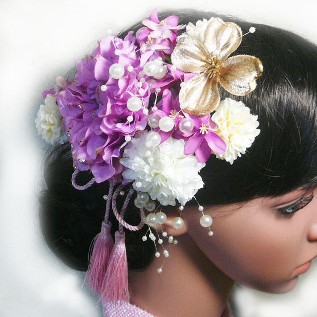 髪飾り 成人式 卒業式 結婚式 花 ラメダリアroと紫陽花房付 振袖 袴 浴衣 和装 着物 かんざし |  | 03