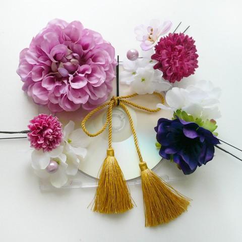 髪飾り 花 ダリアroとアネモネ他房付 ピンク　和装小物 かんざし　結婚式 成人式 卒業式 |  | 03