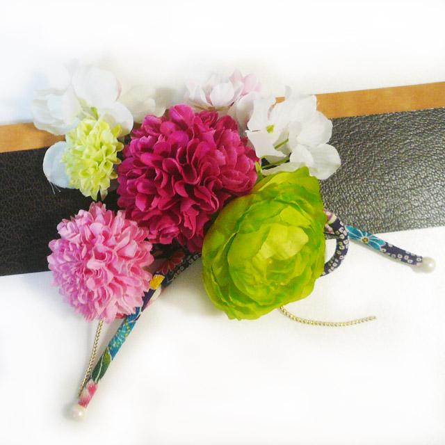 髪飾り 成人式 卒業式 結婚式 花 菊と桜とラナンキュラス ピンク緑白   振袖 袴 浴衣 和装 着物 マム | 