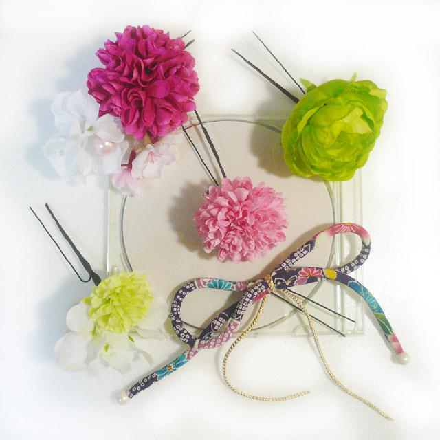髪飾り 成人式 卒業式 結婚式 花 菊と桜とラナンキュラス ピンク緑白   振袖 袴 浴衣 和装 着物 マム |  | 01
