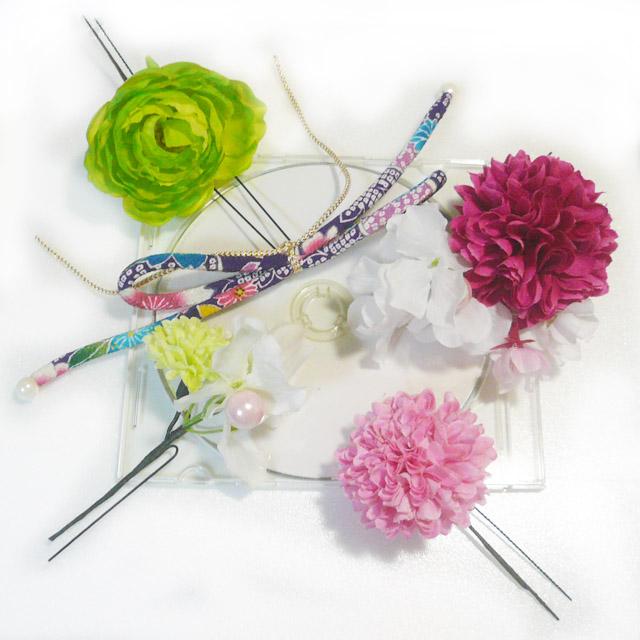 髪飾り 成人式 卒業式 結婚式 花 菊と桜とラナンキュラス ピンク緑白   振袖 袴 浴衣 和装 着物 マム |  | 02