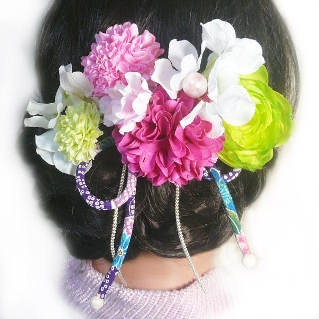 髪飾り 成人式 卒業式 結婚式 花 菊と桜とラナンキュラス ピンク緑白   振袖 袴 浴衣 和装 着物 マム |  | 03