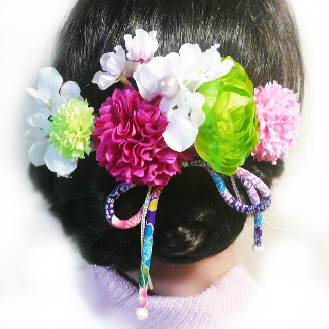 髪飾り 成人式 卒業式 結婚式 花 菊と桜とラナンキュラス ピンク緑白   振袖 袴 浴衣 和装 着物 マム |  | 04