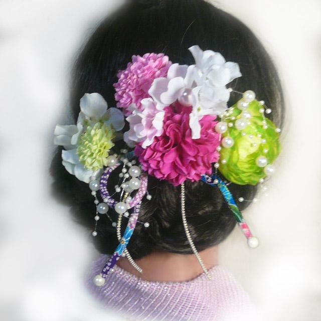 髪飾り 成人式 卒業式 結婚式 花 菊と桜とラナンキュラス ピンク緑白   振袖 袴 浴衣 和装 着物 マム |  | 05
