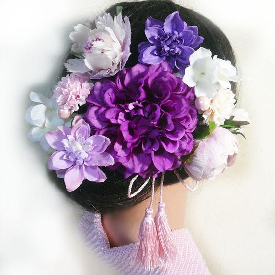 髪飾り 花 ダリアpuとバラ菊他房付き 赤紫  成人式 卒業式 結婚式 振袖 袴 着物 |  | 02