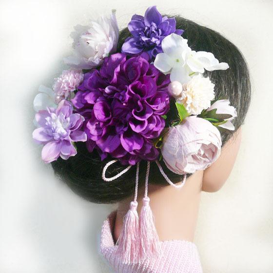 髪飾り 花 ダリアpuとバラ菊他房付き 赤紫  成人式 卒業式 結婚式 振袖 袴 着物 |  | 03