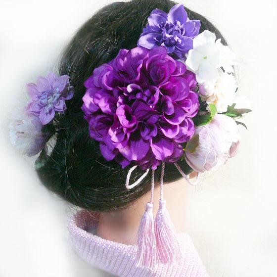 髪飾り 花 ダリアpuとバラ菊他房付き 赤紫  成人式 卒業式 結婚式 振袖 袴 着物 |  | 04