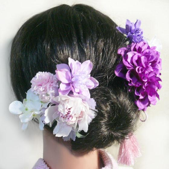 髪飾り 花 ダリアpuとバラ菊他房付き 赤紫  成人式 卒業式 結婚式 振袖 袴 着物 |  | 05