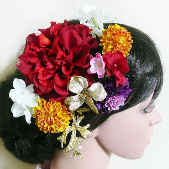 髪飾り 花 成人式 着物 ラメダリアrと花水木 菊 梅 他 赤 金 ピンク 紫 黄 白　振袖 結婚式 卒業式 袴 | 