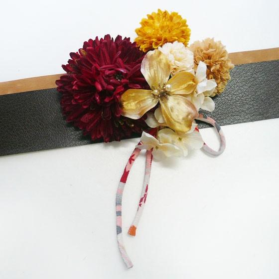 花 髪飾り 菊と花水木和柄紐付き 赤金黄 成人式 振袖 結婚式 卒業式 袴 浴衣 着物 アートフラワー | 