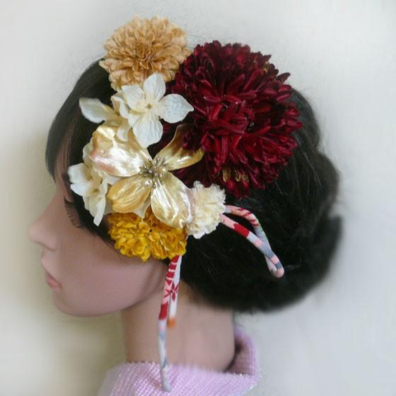花 髪飾り 菊と花水木和柄紐付き 赤金黄 成人式 振袖 結婚式 卒業式 袴 浴衣 着物 アートフラワー |  | 02