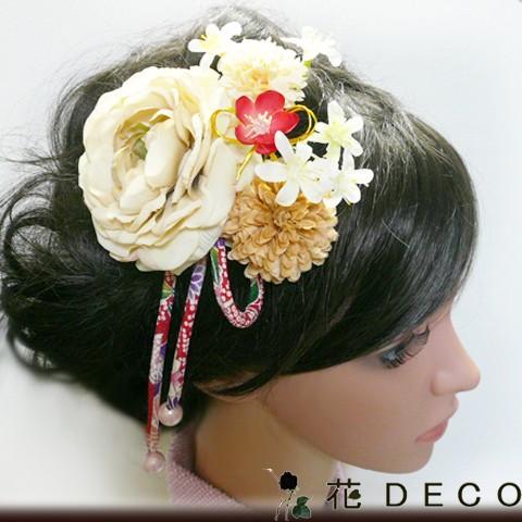花 髪飾り 金鳳花と菊梅他 ベージュ  結婚式 成人式 卒業式 浴衣 | 