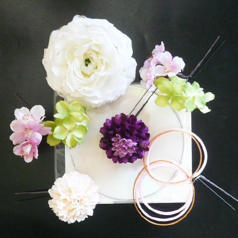 花 髪飾り 金鳳花と菊桜他　白紫桃緑  成人式 振袖 結婚式 卒業式 和装 |  | 01
