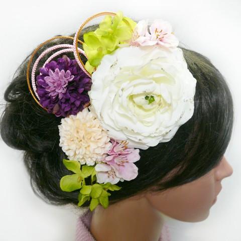 花 髪飾り 金鳳花と菊桜他　白紫桃緑  成人式 振袖 結婚式 卒業式 和装 |  | 02