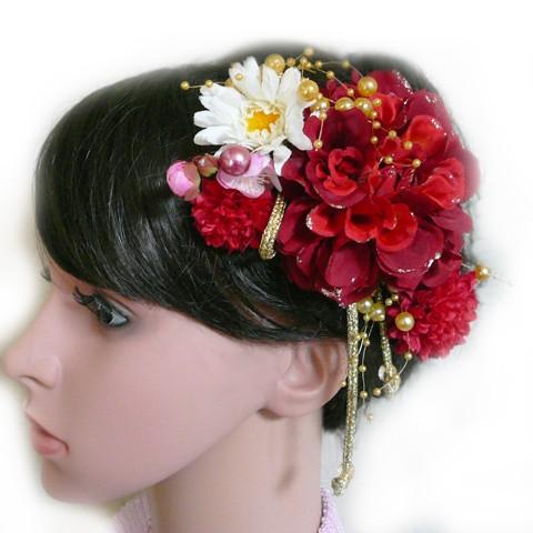 花 髪飾り ラメダリアrとガーベラ梅 赤　成人式 振袖 結婚式 卒業式 袴かんざし |  | 03