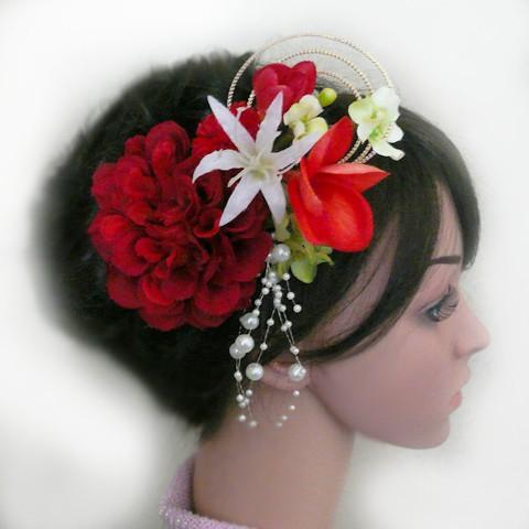 花 髪飾り ダリアとユリ他 赤白橙　成人式 振袖 結婚式 卒業式 袴かんざし |  | 03