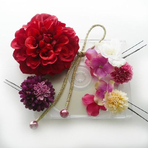 花 髪飾り ダリアrとデルフィ紐付き 赤　成人式 振袖 結婚式 卒業式 袴 かんざし |  | 02