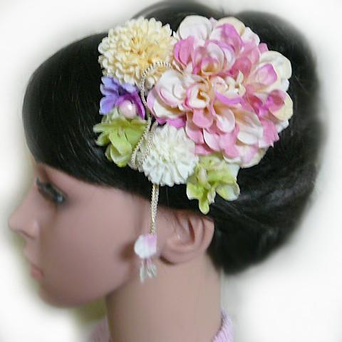 花 髪飾り ダリアと菊ライラック 紐付き ピンク　成人式 振袖 結婚式 卒業式 袴 浴衣 着物 |  | 04