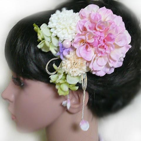 花 髪飾り ダリアと菊ライラック 紐付き ピンク　成人式 振袖 結婚式 卒業式 袴 浴衣 着物 |  | 06