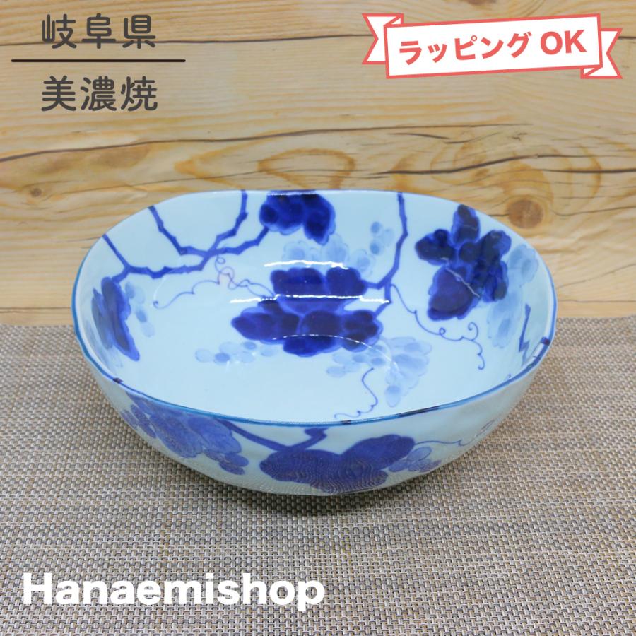 鉢 美濃焼 変形鉢 藍染ぶどう6.8鉢 大鉢 深鉢 煮物鉢 ぶどう柄 葡萄