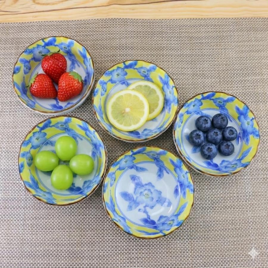 A903-2/青花菊華枝文/浅鉢揃/小鉢/飾鉢/銘々皿/5客/ 小鉢 美濃焼 丸鉢 黄彩花紋菊型3.5寸鉢 （5枚セット） 取皿 ボウル