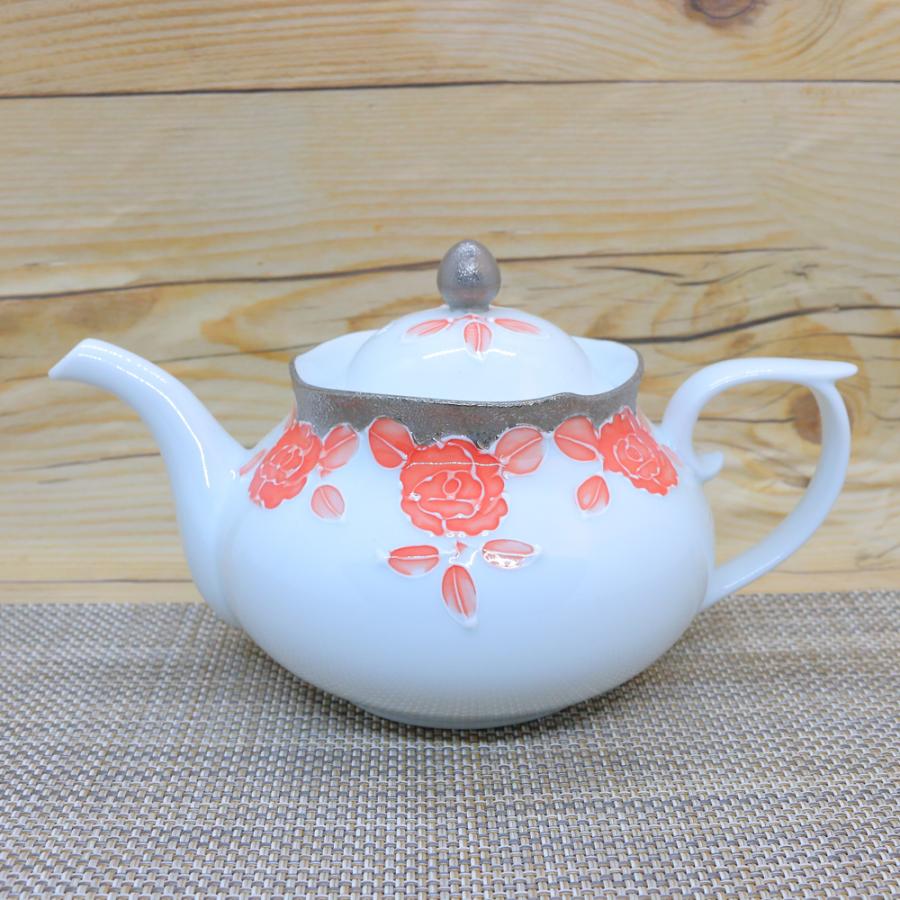 急須 有田焼 プラチナローゼ輪花ポット（オレンジ） バラ 花柄 高級感