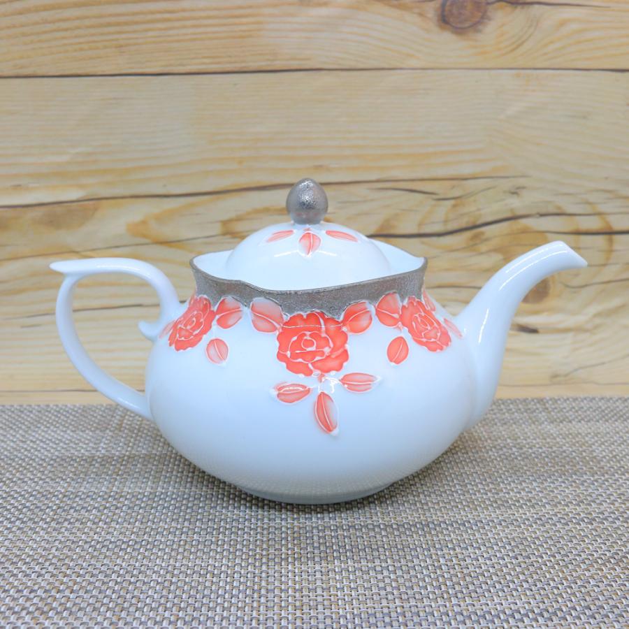 急須 有田焼 プラチナローゼ輪花ポット（オレンジ） バラ 花柄 高級感