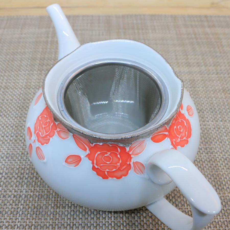 急須 有田焼 プラチナローゼ輪花ポット（オレンジ） バラ 花柄 高級感