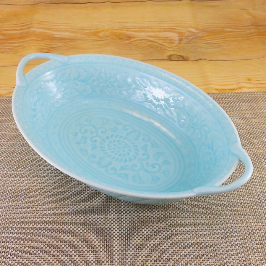 有田焼　陶祥窯　大鉢　煮物大皿深皿楕円コレクション 鉢 有田焼 楕円鉢 青磁唐草彫刻取っ手付きパスタ鉢 大鉢 パスタ鉢