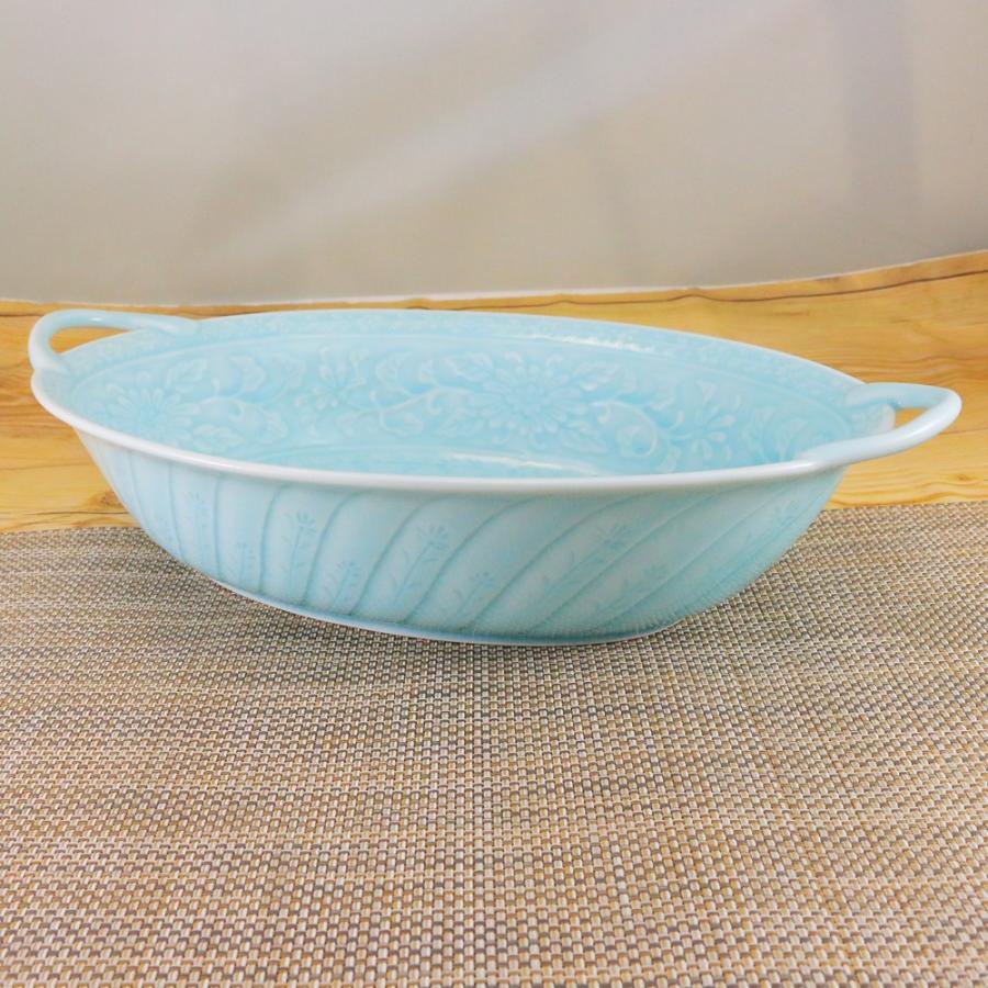 鉢 有田焼 楕円鉢 青磁唐草彫刻取っ手付きパスタ鉢 大鉢 パスタ鉢