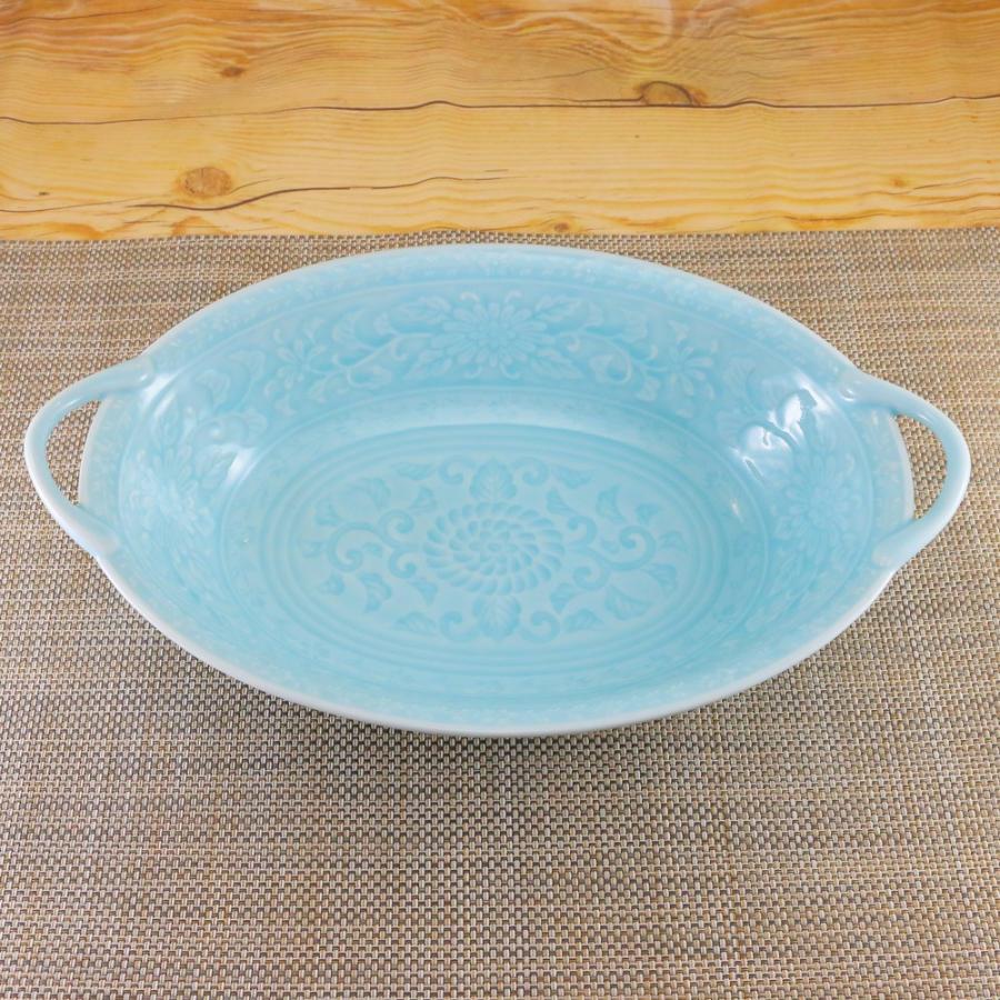 鉢 有田焼 楕円鉢 青磁唐草彫刻取っ手付きパスタ鉢 大鉢 パスタ鉢