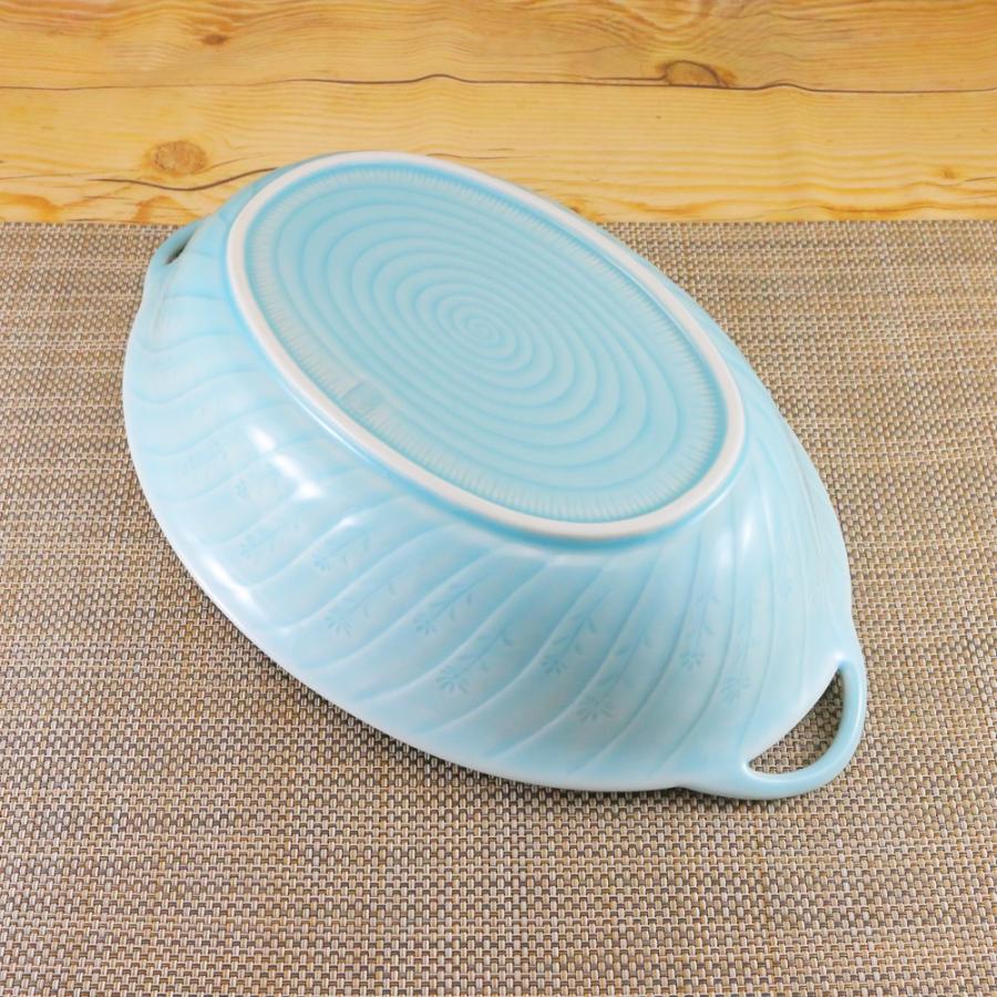 鉢 有田焼 楕円鉢 青磁唐草彫刻取っ手付きパスタ鉢 大鉢 パスタ鉢