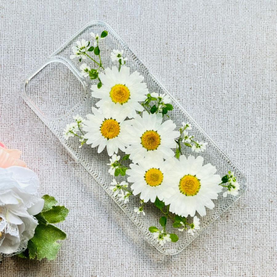 ほぼ全機種対応 押し花 スマホケース No.514（ホワイト